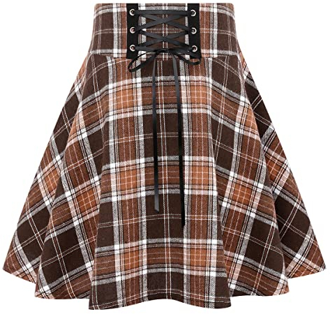 IDEALSANXUN Mini jupes gothiques à carreaux pour femmes, jupes courtes à carreaux taille haute, Plaid marron neuf, Taille L