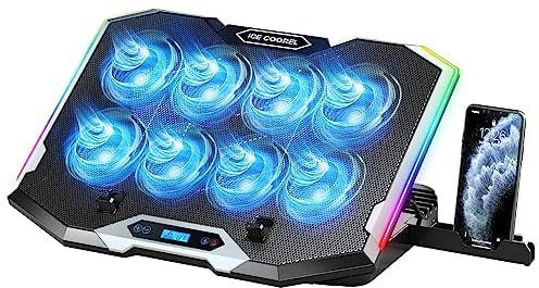 ICE COOREL Gaming Laptop Cooling Pad with 8 Cooling Fans, Laptop Cooler Stand with 6 Height Adjustable, RGB Cooling Pad 15-17.3 Inch for Laptop with Two USB Port + Phone Stand
