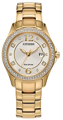Citizen Ladies Eco-Drive Classic Crystal Watch in Gold-Tone Stainless Steel, Champagne Dial (Model: FE1147-79P)