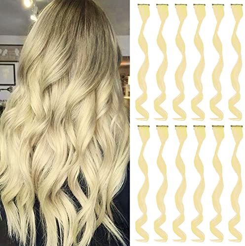Blonde Farbige Haarverlängerungen Clip In für Mädchen 17 Zoll Bunte Lockige Gewellte Haarverlängerungen für Party Highlight Haar Zubehör Haarteile für Kinder Frauen (12 PCS Blonde)