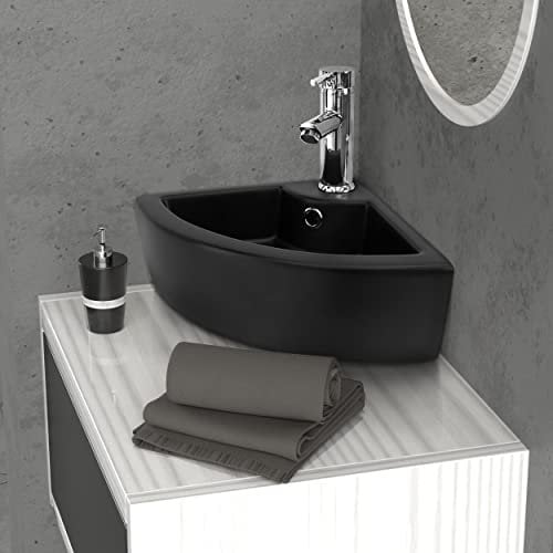 ML-Design Waschbecken Eck aus Keramik in Schwarz, 46x33x13cm, Eckig, Wandmontage/Aufsatzwaschbecken, Eckwaschbecken mit Überlauf, Hängewaschbecken Waschtisch Waschschale Waschplatz Handwaschbecken