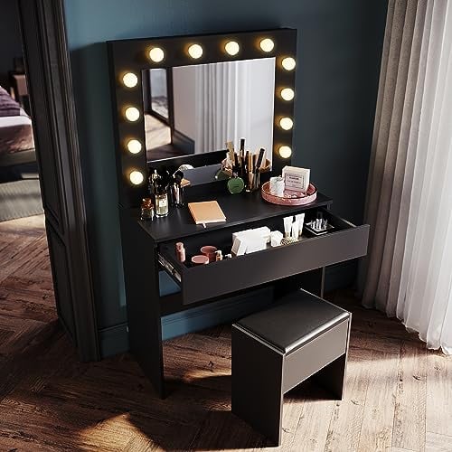 SONNI Schminktisch, Kosmetiktisch, Frisiertisch mit LED-Beleuchtung, Schubladen und HD Spiegel mit 10 Einstellbarer Helligkeit, 3 Farben, Schminktische Kommode für Schlafzimmer, Schwarz, 80x40x140cm.