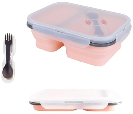 alouweekuky Bento Box Plegable, Fiambrera portátil plegable con Dos compartimentos con Cuchara de Tenedor Apto para adultos y infantil (Rosa)