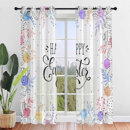 Hiseng Ostern Voile Vorhänge mit Ösen Durchsichtig Halbtransparent Ösenvorhang für Fenster Wohnzimmer Schlafzimmer Moderne und Elegante Transparent Gardine 2er Set (Frohe Ostern,140x160cm)
