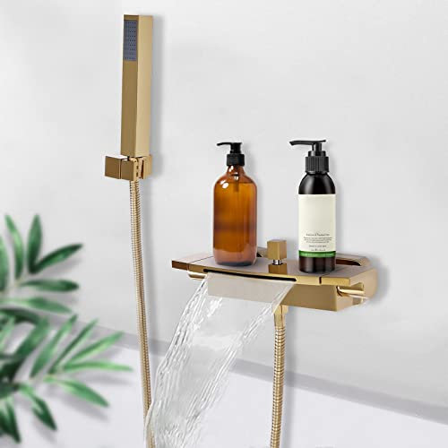 KEESUNG Grifo de bañera de latón, cascada, juego de grifos de baño con ducha de mano, grifo de bañera, color dorado