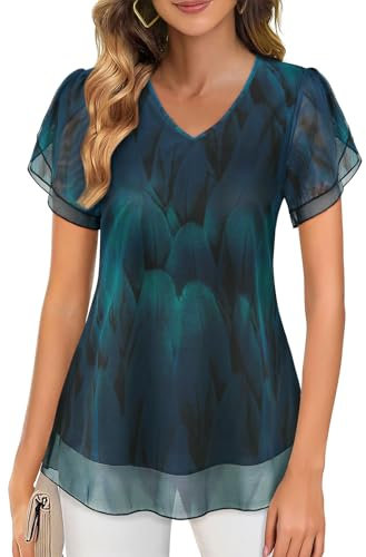 Gemulate Ladies Plus Size Tunics Short Sleeve Double Layers V Neck Chiffon Tops Floral Blouses Flowy Mesh Shirts Spring Tops - Peacock Blue, XXXL