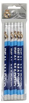 Marchi CyP - Real Madrid, set di cancelleria, matite con gomma, penne, materiale scolastico, scrittura, colore blu, prodotto ufficiale