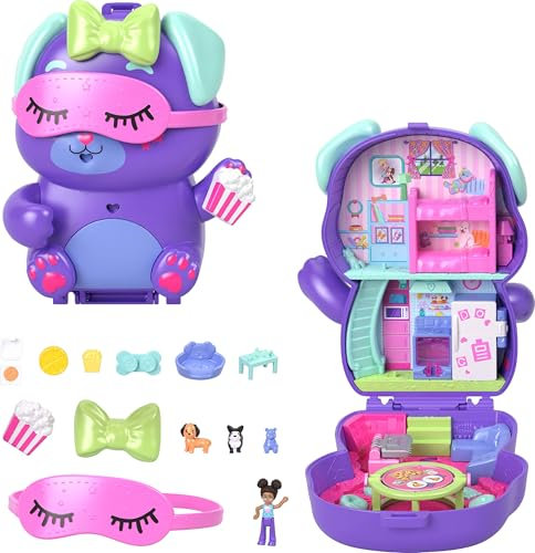 Polly Pocket Puppen und Spielset, Übernachtungsparty-Welpen-Schatulle, Spielzeug für unterwegs mit 1 kleinen Puppe, Hündchen, Zubehör für Mode und Essen, JCR38