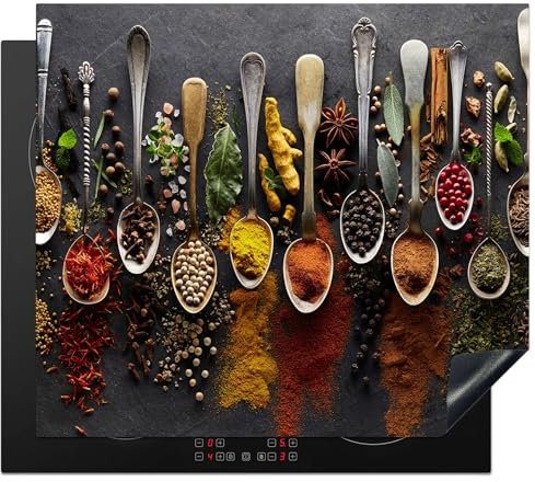 KitchenYeah© Protezione Piano Cottura Tappetino per Induzione 60x52 cm Cucina Proteggi Coprifornello Antiscivolo Spezie - Cucchiai - Calcestruzzo