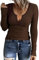 TrendiMax Womens Long Sleeve Notch V Neck T Shirts Ribbed Fleece Knit Casual Slim Fitted Tops Tee Shirt Dark Brown