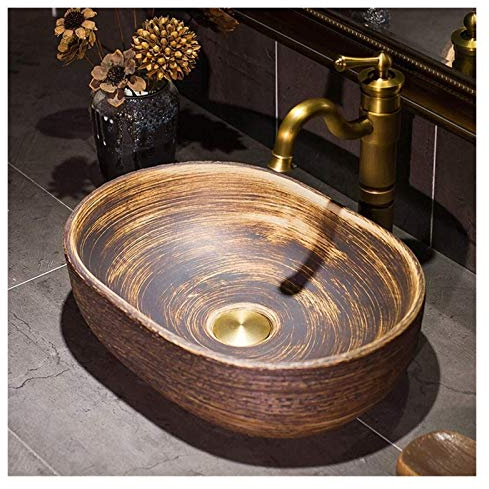 OOMRNV Waschbecken für Badezimmer, Aufsatzwaschbecken, 40,6 cm, Aufsatzwaschbecken für Badezimmer, Vintage-Retro-Bronze, gebürstetes Muster, Aufsatzwaschbecken, künstlerische Schüsse,