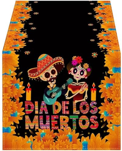 Sanfly Mexikanischer Tischläufer „Tag Der “, Mexiko Dia De Los Muertos, Zuckerschädel-tischdecke Für Esszimmer, Küche, Zuhause, Kamin