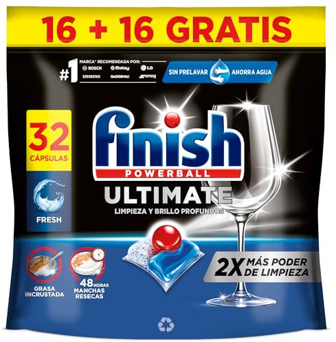 Finish Ultimate, Pastillas para el Lavavajillas, Limpieza intensiva, brillo diamante y protección vajilla, 32 Pastillas