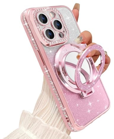 Coalbooliy Handyhülle für iPhone 14 Pro Hülle Glitzer 6,1 kompatibel mit Mag-Safe, Durchsichtig mit Ständer Spiegel Makeup Pailletten Magnetische Schutzhülle Weiches Silikon Cover für Mädchen, Rosa