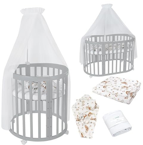 Waldin Oval Baby-Bett Mitwachsend Komplett Set 7in1, Gitterbett, Kinderbett mit Matratze, Wickelkommode, Beistellbett, Holz Grau, Stoffe Weiß Tiere