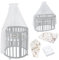 Waldin Oval Baby-Bett Mitwachsend Komplett Set 7in1, Gitterbett, Kinderbett mit Matratze, Wickelkommode, Beistellbett, Holz Grau, Stoffe Weiß Tiere
