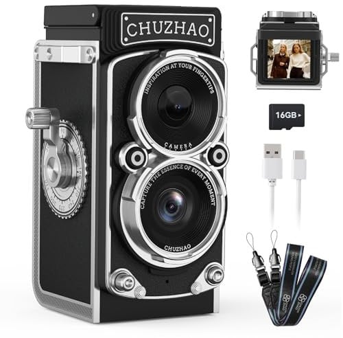 Mini cámara vintage, cámara digital portátil retro de doble lente con tarjeta de 16 GB, fotos de 12 MP, enfoque automático, video FHD 1080P, batería de 1000 mAh y filtros duales, perfecta para niños,