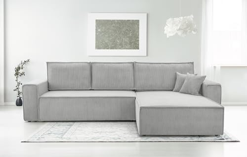 AXLIVING Cord Couch L Form – Cedria L+R Wohnlandschaft 287 cm Hellgrau