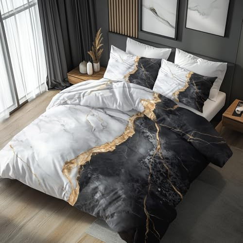 Generisch Marmor Bettwäsche 140x200 - Schlafzimmer Deko Schwarz Weiß Modern, Marmor Bettbezug 140 x 200 2er Set mit 1 Kissenbezug 70x90, Weiche Mikrofaser Sommerbettwäsche mit Reißverschluss
