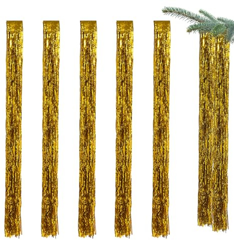 Neerow 5 Stück Lametta Gold Weihnachtsbaum, Lametta Vorhang Gold, Glitzervorhang Lametta, 1 m x 17 cm Party Vorhang Glänzend, Folien Fransen Hintergrund fur Weihnachten Baumschmuck Geburtstag Party