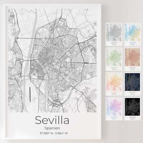 Mapdify Sevilla personalisiertes Stadtposter, dein Lieblingsort als Wandposter, Karte deiner Stadt, personalisiertes Andenken an Sevilla – Stil: Pure