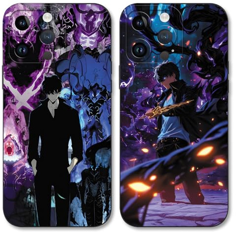 TBNMBGY 2 Stück Anime Schwarz Handyhülle für iPhone 14 Pro 6,1 Hülle, Manga Solo Leveling Heißblütiger Motiv Muster für Junge, Stoßfest TPU Kratzfest Fallschutz Cartoon Schutzhülle, Muster