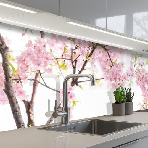 KitchenYeah© Spritzschutz Küche Küchen Rückwand Küchendeko Wand Wandschutz | 60x200 cm - Selbstklebend Backsplash Kitchen Peel And Stick Kirschblüte - Rosa - Blumen - Sakura - Natur