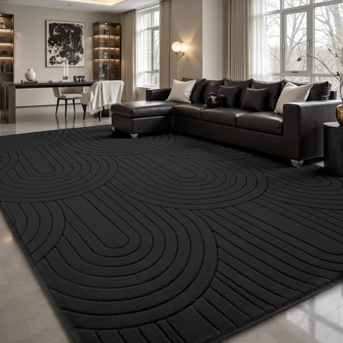 Sour Lemon Teppiche für Wohnzimmer, 240 x 300 cm, 3D-Halbkreis-Muster, schwarz, für Schlafzimmer, extra große Teppiche für Wohnzimmer, maschinenwaschbar, rutschfest, Kurzflor-Teppich für Kinderzimmer