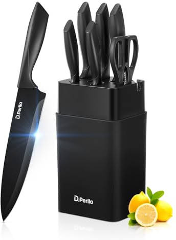 D.Perlla Knife Set, 7 Pieces Kitchen Knife Set with Built-in Sharpener, Non-Stick & No Rust, Black Coating Stainless Steel Knife Set, Sharp Chef Knife Set with Universal Knife Block, Dishwasher Safe