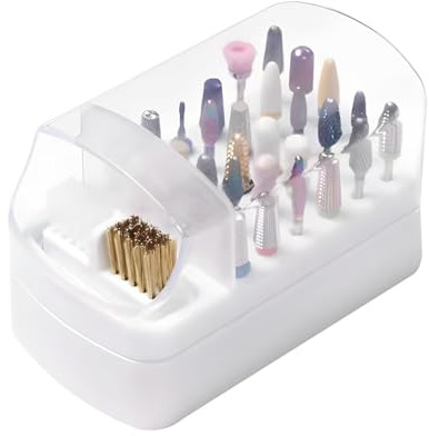 2-in-1 Nail Bit Cleaner Box - White 30 Slot Display Container, Nylon Wire Brush Scourer | Non-Slip Milling Cutter Stand, Dust Cleaning Case For Acrylic Gel Remover Drill Bits Home Salon Tool 11cm