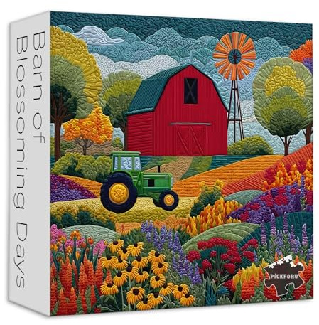 PICKFORU Quilting Farm Barn 1000 Piece Puzzle for Adults, Embroidery Patchwork Warehouse Windmill Jigsaw Puzzles, Colorful Flowers Patchwork Puzzles as Wall Art