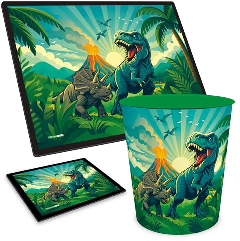 itenga Dino Schreibtisch-Set 3-teilig – Dinosaurier - DINO WORLD– Schreibunterlage 40x53 + Mauspad 21x18 + Papierkorb 11 L