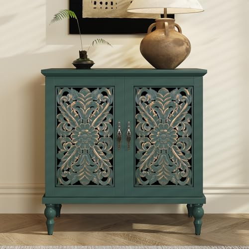 HOLTICO Kommode Grün, Vintage Sideboard Buffet Schrank mit Hohle Blumenschnitzerei, Akzent Schrank Holz Kommoden & Sideboards für Wohnzimmer, Esszimmer, Küche