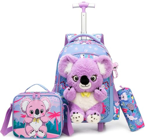 HTgroce Schulrucksack Trolley Mädchen Koala – 3-Teiliges Set Schulranzen mit Rollen für Grundschule (3. 4. Klasse)