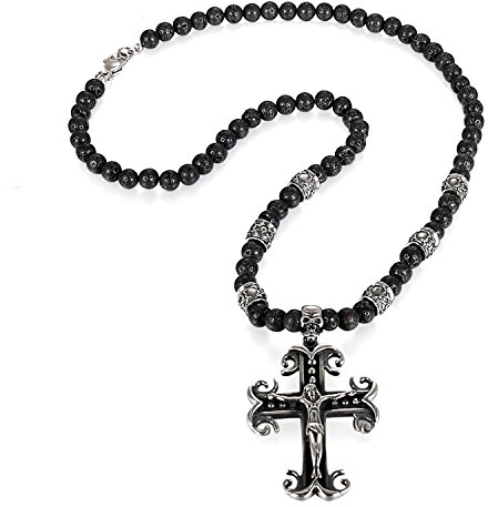 JewelryWe Schmuck Herren Biker Halskette, Edelstahl Retro Totenkopf Schädel Jesus Christus Keltisches Kruzifix Kreuz Anhänger mit Lava Vulkaint Kugelkette Perlen Kette, Schwarz Silber