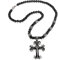 JewelryWe Schmuck Herren Biker Halskette, Edelstahl Retro Totenkopf Schädel Jesus Christus Keltisches Kruzifix Kreuz Anhänger mit Lava Vulkaint Kugelkette Perlen Kette, Schwarz Silber