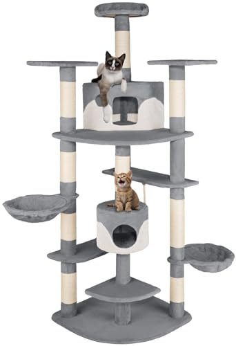 tectake® Tiragraffi per Gatti, Albero per Gatti con 2 Casette Bicolore, Tiragraffi Gatto con 2 Conche Orientabili, Albero Gatti con 3 Piattaforme, Cordicella Gioco Gatti, 204 cm - Grigio/Bianco