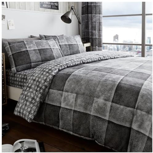 GC GAVENO CAVAILIA Luxury Denim Check Bedding Set with Pillow Case - Tartan Duvet Cover, Polyester-Cotton, Grey, Single Size