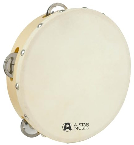 A-Star 8 Inch/20cm Handheld Headed Wooden Tambourine, Traditional Single Metal Jingle Bell Row - Natural Head - Pack of 10