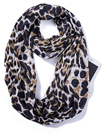elzama Infinity Loop Jersey Schal mit versteckter Reißverschlusstasche, Leopardenmuster für Frauen, Reisewickel für Herbst Winter, 02 - schwarz Camel Leopard, Einheitsgröße