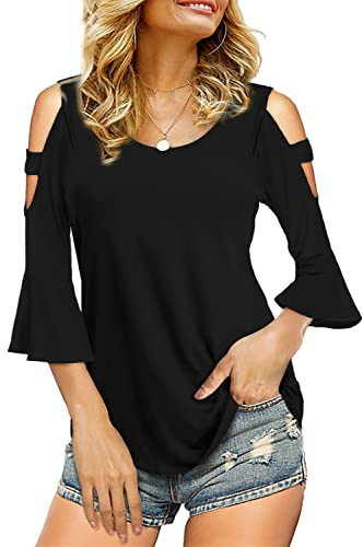 Florboom Womens Cold Shoulder Top Basic T Shirts 3/4 Sleeve Casual Blouse Tshirts - black - X-Large