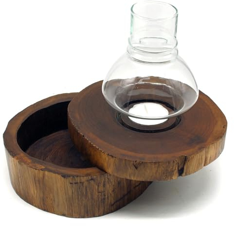 Gedeko Caja de madera con portavelas de cristal para velas de té, caja de madera con tapa, color marrón, ovalada, redonda