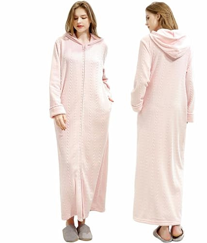 Oksun Bademantel Morgenmantel für Damen Weich Flauschig Kuschelfleece Lang Saunamantel mit Reißverschluss. Kapuzen - Rosa, Größe XL