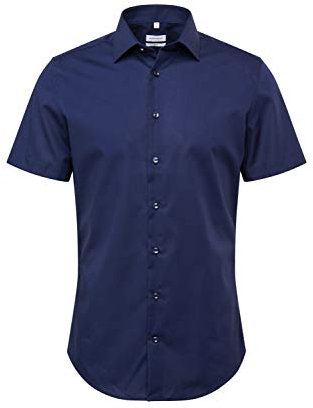 Seidensticker Herren Slim Bügelfrei Kent Kurzarm Stretch Businesshemd, Blau (Dunkelblau 19) Light, 42 EU