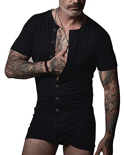 Muscle Alive Herren Unterwäsche Kurzarm Strampler Overall Henley Jumpsuit Stretchy Cotton Ramper Schwarz M