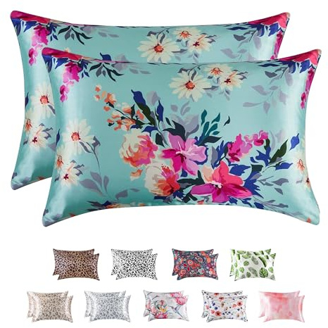 MR&HM Satin Pillowcase for Hair and Skin, Silk Satin Pillowcase 2 Pack, Standard Size Pillow Cases Set of 2, Silky Pillow Cover with Envelope Closure (20x26, Floral Green)