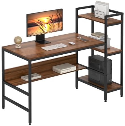 Dripex Computer Desk with 4 Tier Storage Shelves - 41.7 Inch Student Study Table with Bookshelf Modern Wood Desk with Steel Frame Home Office Workstation(Walnut)