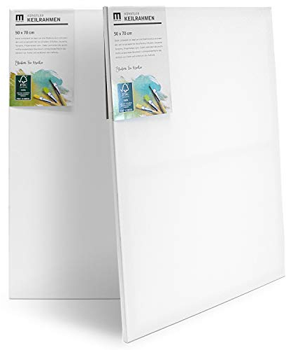 2er-Set 50x70cm Künstler-Leinwand Canvas zum Bemalen. Die leere, weiße Leinwand aus 100% Baumwolle ist umlaufend aufgespannt auf FSC® Holz-Keilrahmen mit 17mm Stärke, 280g/m², 2-fach weiß grundiert