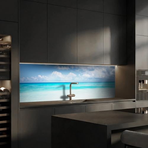 Dedeco Küchenrückwand 280x60 cm, Strand V3, 3mm Acrylglas – Spritzschutz Küche, Spüle & Herd, wasserfest, Glasoptik, Küchenfront, Wandverkleidung, Fliesenersatz, Fliesenspiegel