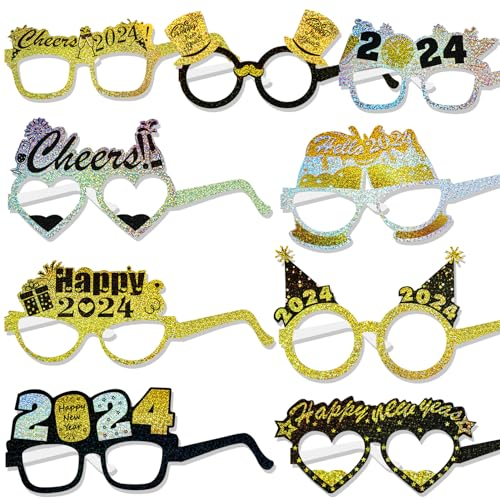 HOWAF 18 Stücke 2025 Silvester Brille Happy New Year Partybrillen Lustige Silvester Brillen Foto Requisiten für Kinder Erwachsene Silvester Deko 2025 Glücksbringer Silvester Party Neujahr Zubehör
